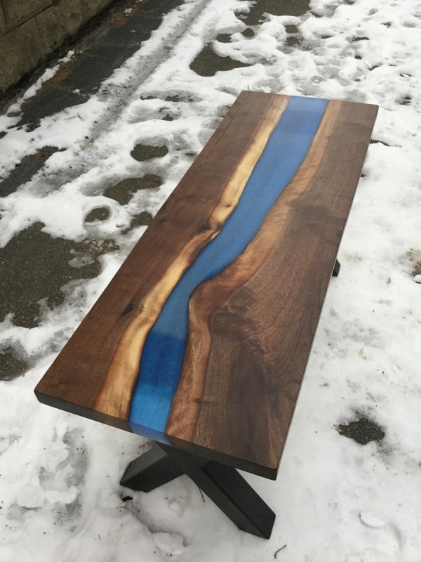 Black Oak Bench With Blue Epoxy