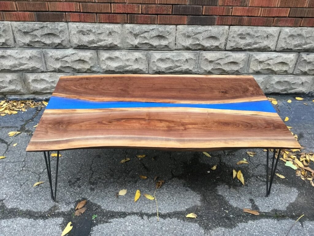 Wide Blue Epoxy and Black Oak River Table